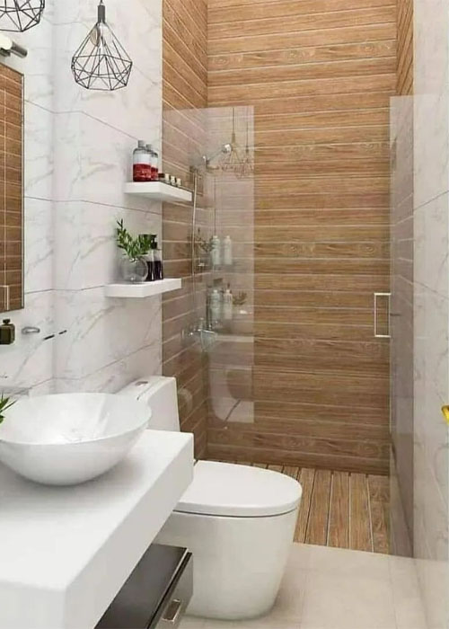 Desain Kamar Mandi Skandinavian dengan Dinding Kayu