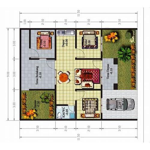 Layout rumah ukuran 7x10 kamar tidur 3 Ruangan tambahan di teras belakang