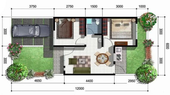 denah rumah 7x10 2 kamar dengan dapur Luar