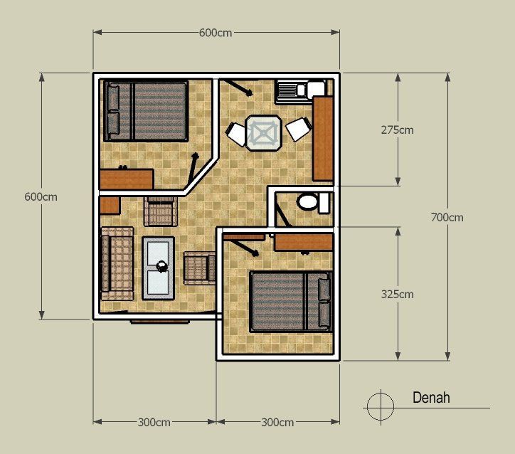 denah rumah 7x10 2 kamar dengan desain Super Minimalis