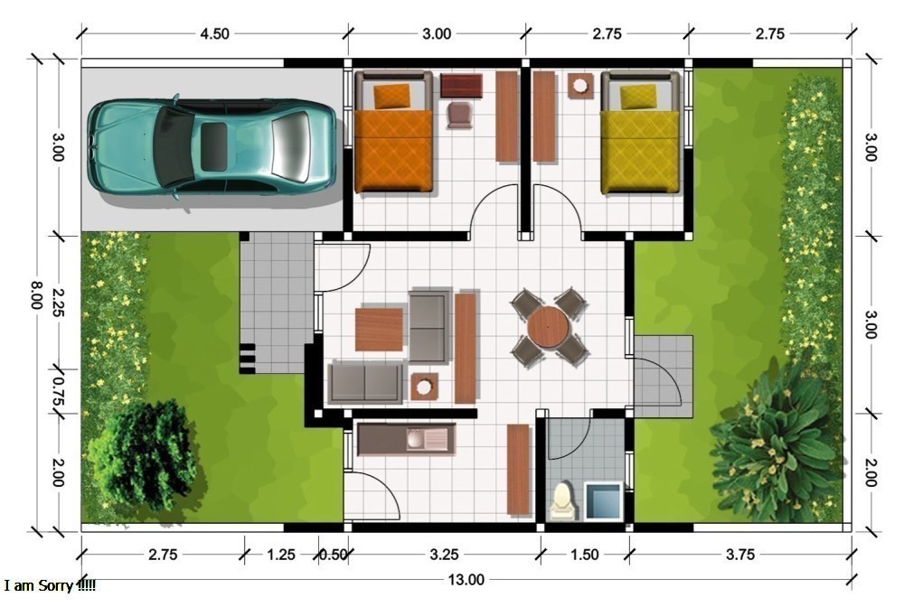 denah rumah minimalist 2 kamar tidur dengan Pekarangan Hijau