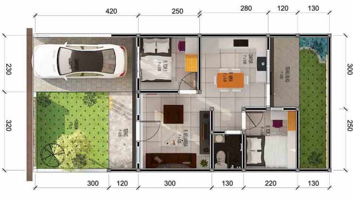 denah rumah ukuran 7x10 2 kamar dengan dapur dan Ruang Makan Tanpa Pembatas