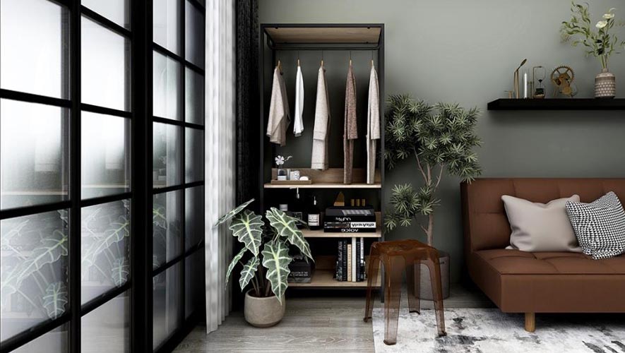 ruang tamu apartemen studio style industrial