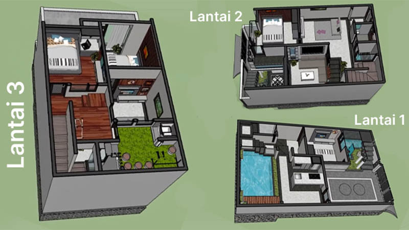 Denah rumah 3 lantai 3 rumah minimalis