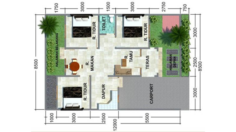 Model Denah Rumah 6x9 3 Kamar Tidur sebelahan Tanpa Garasi