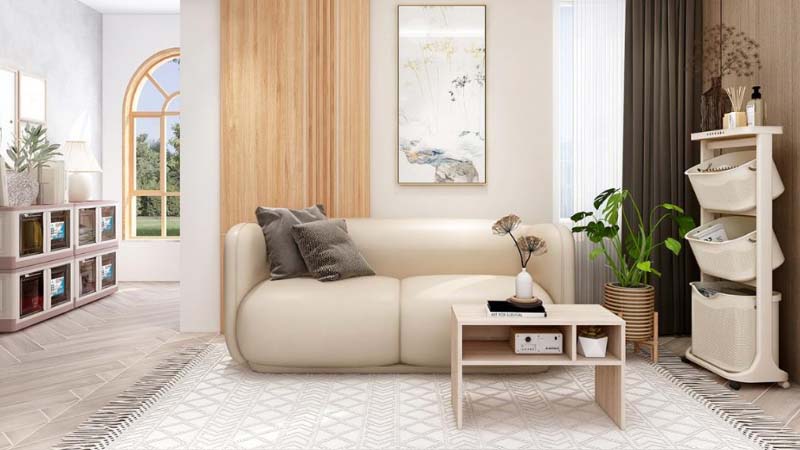 ruang tamu japandi minimalist dengan Meja Mungil