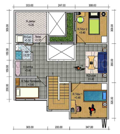 Denah Lantai Atas 3 Kamar Dan Ruang Cuci