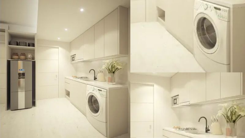 Ruang Cuci Menyatu dengan Dapur Beruansa Putih Bersih