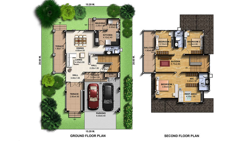 Denah Rumah 3 kamar 2 Lantai