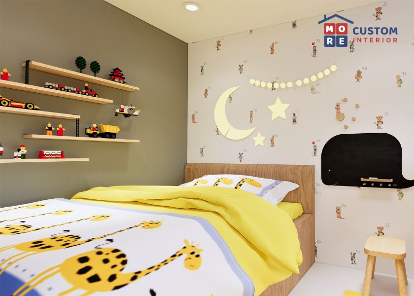 Kamar Anak Minimalis dengan Rak Dinding Kecil