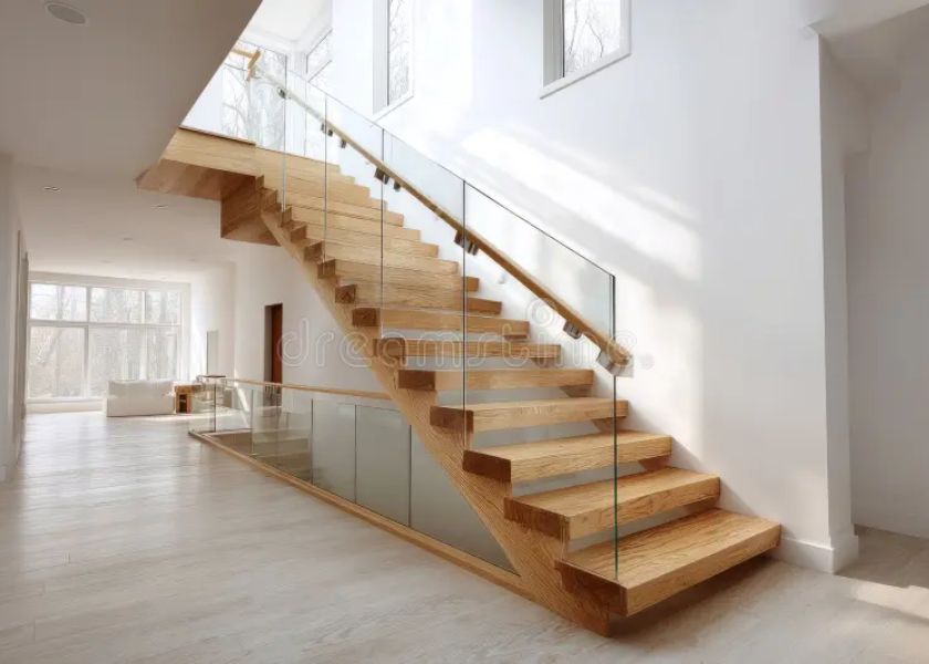 Tangga Kayu dan Railing Kaca di Rumah Minimalis