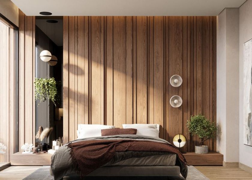 Dinding Kamar Estetik dengan \Panel Kayu Tipis