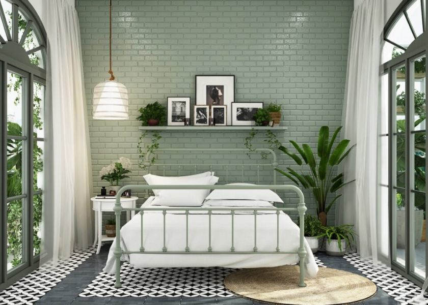 Dinding Kamar Estetik Warna Sage dan Putih