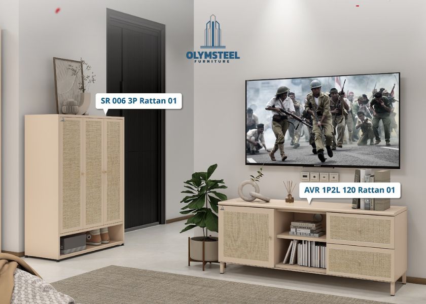 Rak TV dan Rak Sepatu Besi Motif Rotan Olymsteel
