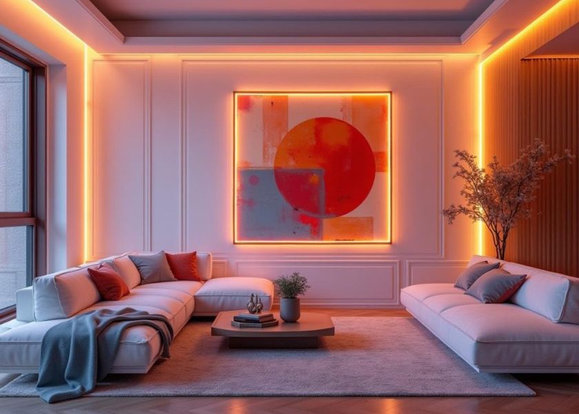Molding Dinding dengan LED Tersembunyi di Ruang Tamu