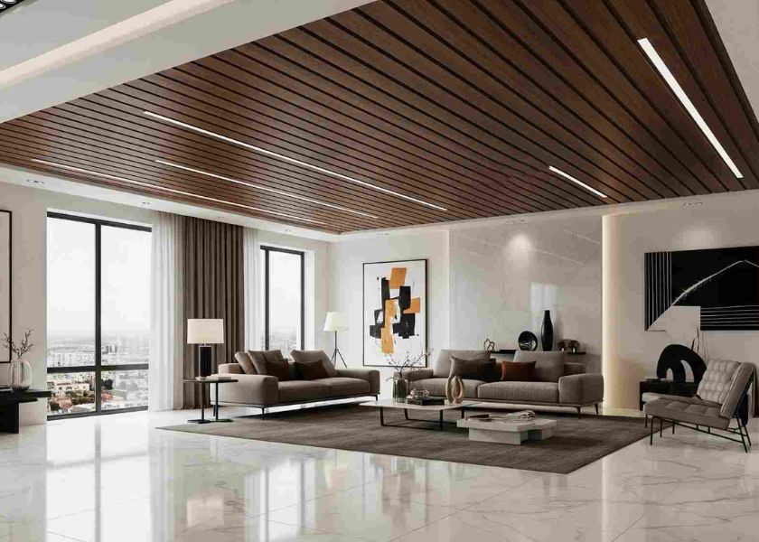 Plafon PVC Aksen Kayu di Ruang Tamu Mewah