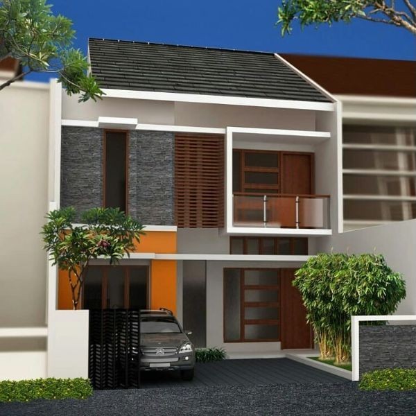 Rumah 2 Lantai Modern Tropis di Kampung dengan Balkon