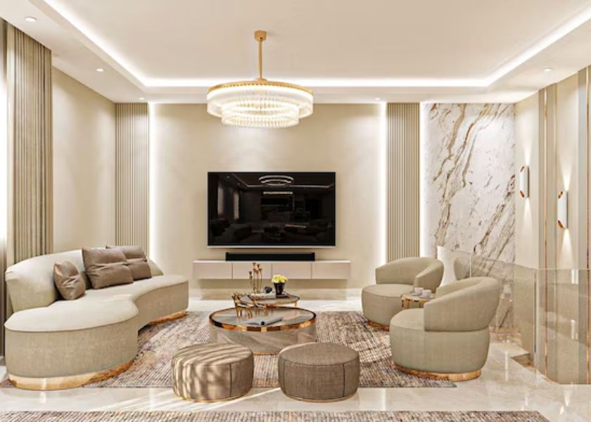 Warna Cat Ruang Tamu White + Gold