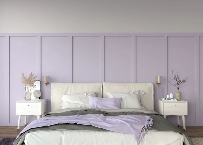 Kombinasi Warna Lavender & Putih di Kamar Tidur Sejuk