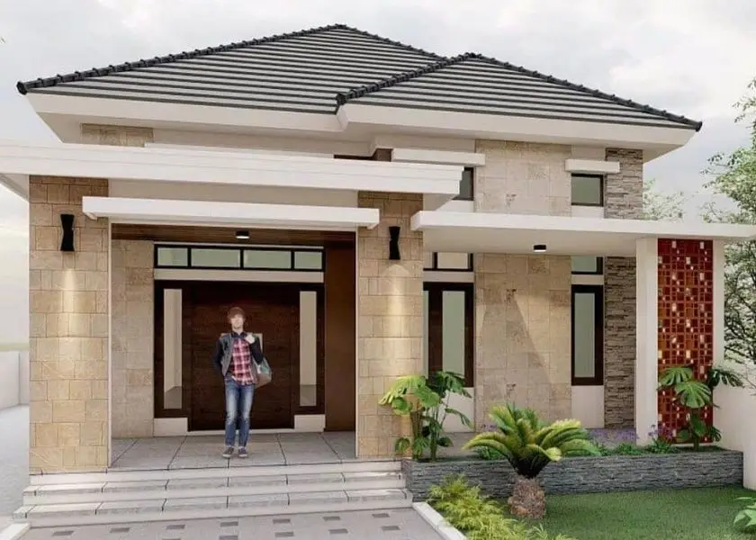 Rumah Sederhana tapi Mewah Warna Cat Beige + Batu Paras Jogja