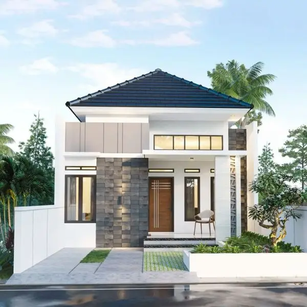 Rumah Sederhana tapi Mewah Warna Cat Putih Gading + Batu Alam Andesit