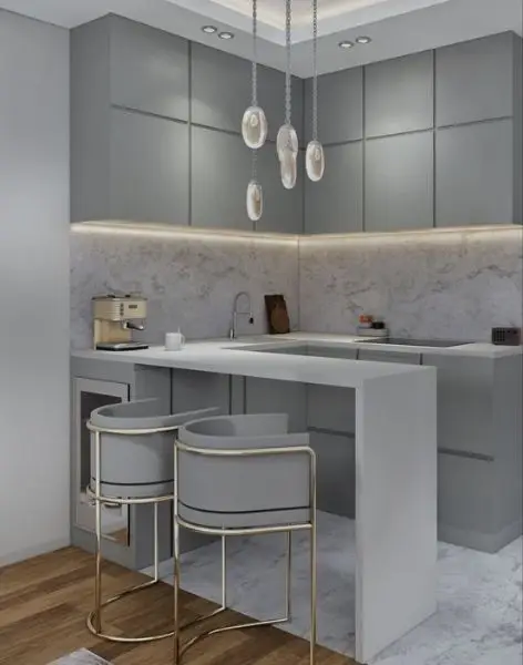 Dapur Meja Bar Warna Abu Muda untuk Tampilan Modern