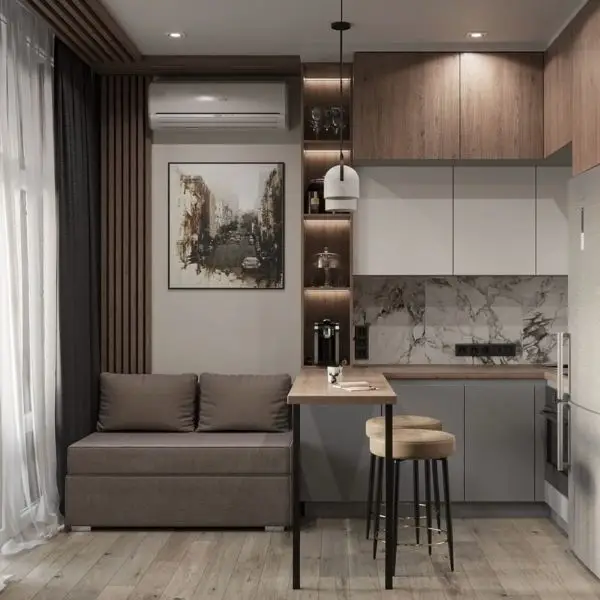 Dapur Meja Bar Warna Beige dan Krem untuk Suasana Hangat