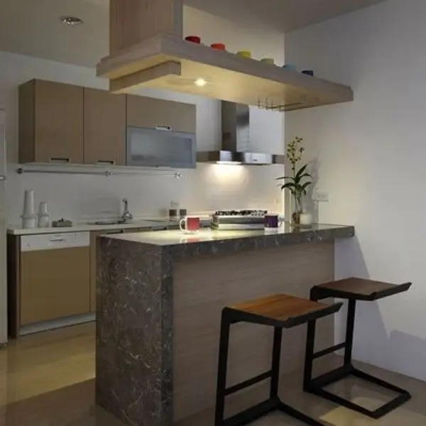 Desain Dapur Minibar Warna Netral yang Clean