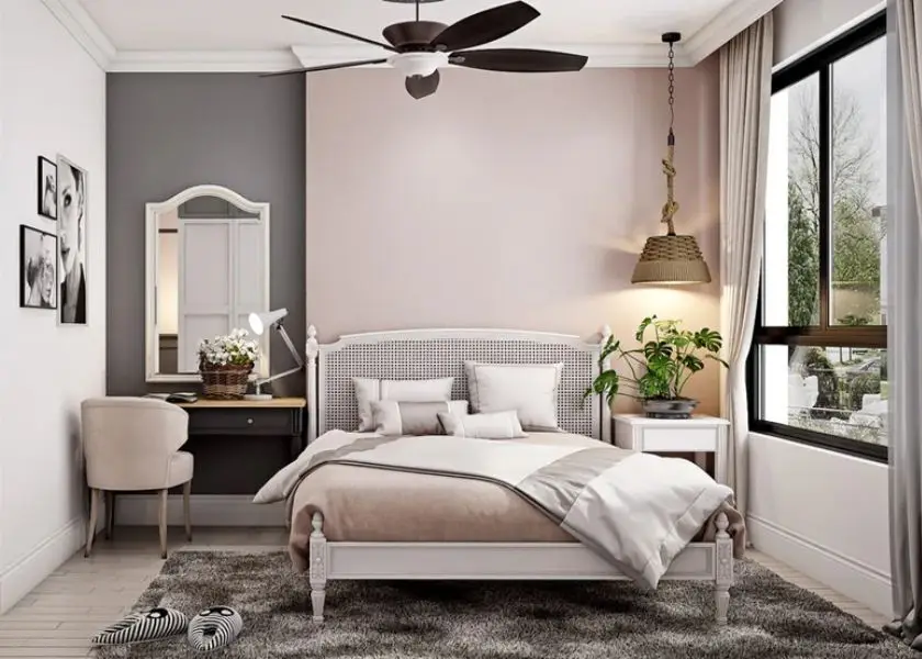 Desain Kamar 3x3 untuk Suami Istri Warna Dusty Pink dengan Abu Muda
