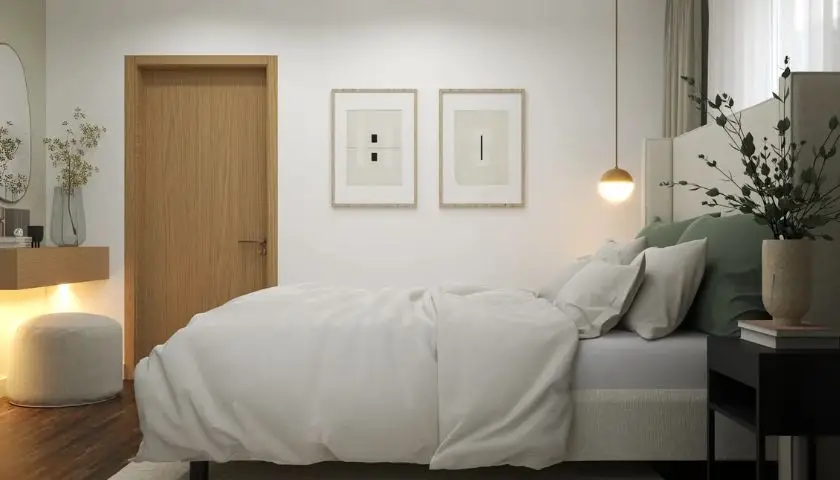 Desain Kamar 3x3 untuk Suami Istri Warna Sage dan Ivory untuk Kesan Tenang