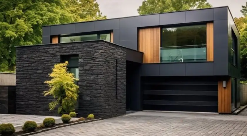 Fasad Rumah Industrial dengan Model Batu Alam Gelap di Dinding Luar Rumah