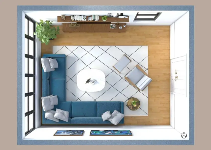 Gambar Layout Ruang Tamu dengan Sofa L-Shape