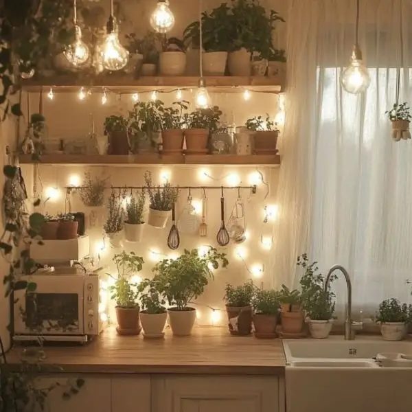 Lampu String untuk Nuansa Hangat di Dapur Estetik Sederhana