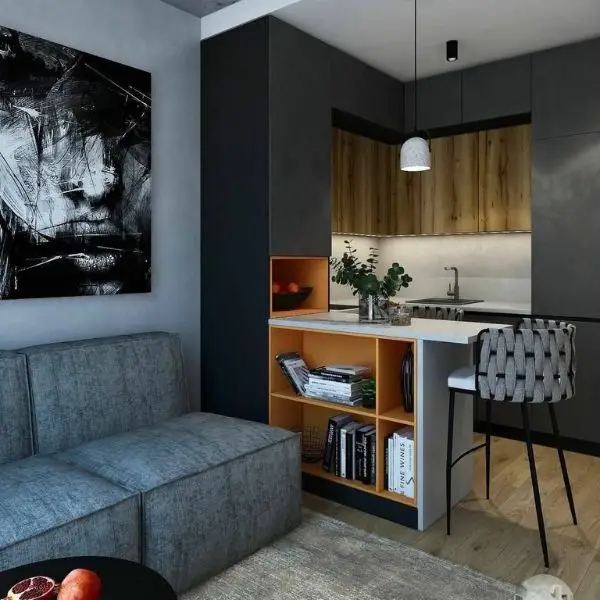 Dapur Sudut dengan Meja Bar dengan Penyimpanan