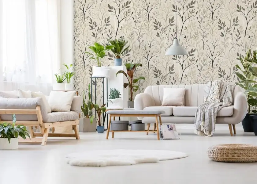 Wallpaper Motif Botanical di Ruang Tamu