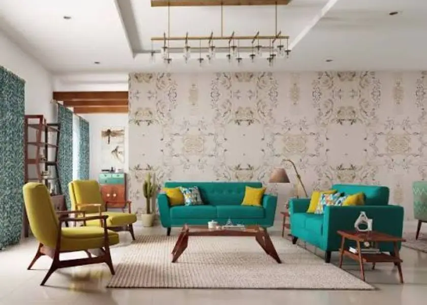 Wallpaper Motif dengan Keramik Polos di Ruang Tamu