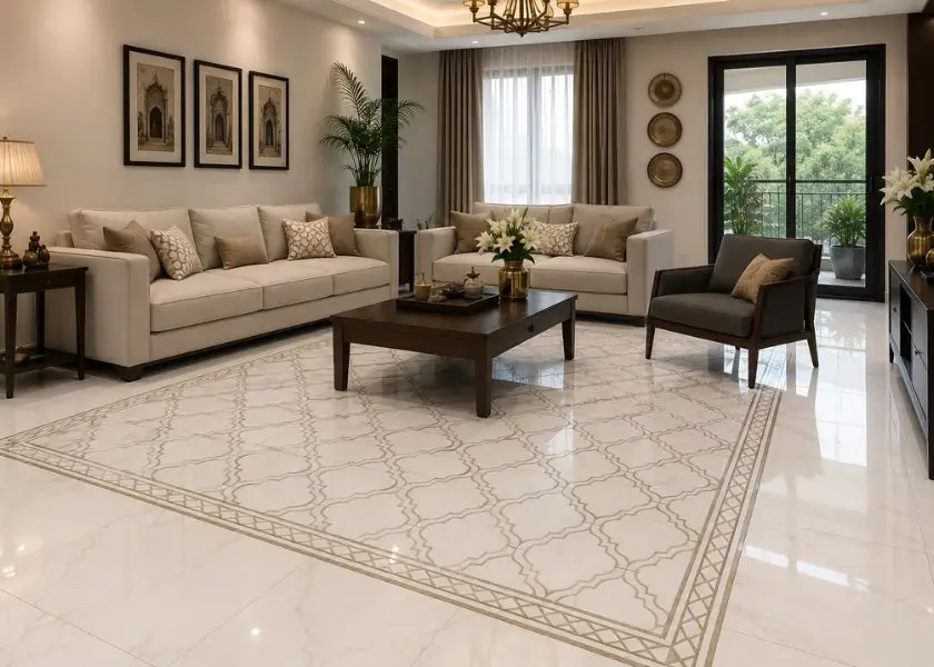 Wallpaper Polos dengan Keramik Motif di Ruang Tamu