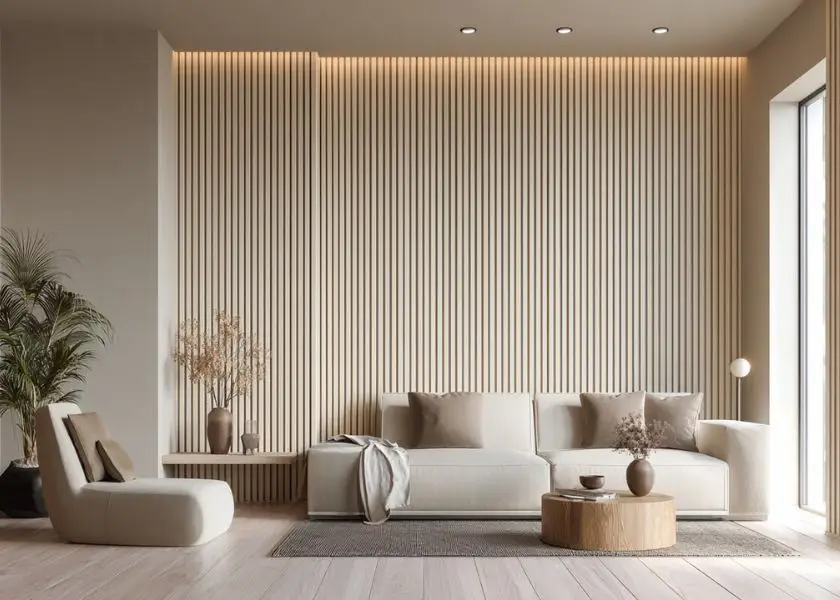 Warna Cat Dinding Ruang Tamu Beige dengan Panel Kayu Terang Mewah