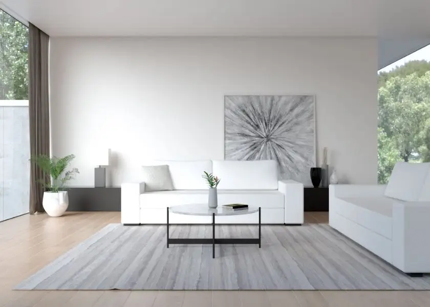 Warna Cat Ruang Tamu Ivory dengan Aksen Kayu Medium Tone