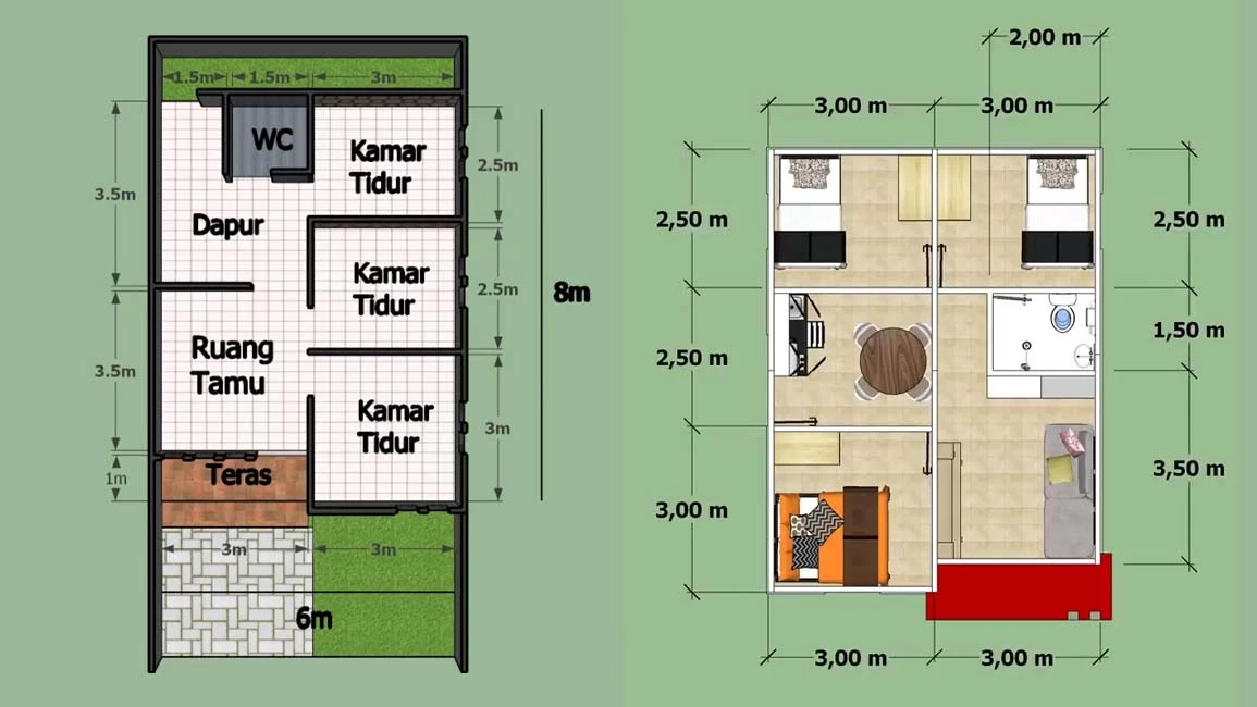 denah rumah dengan ukuran 6x8 3 kamar minimalis modern