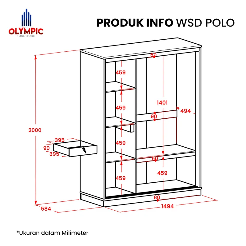 WSD Polo - Lemari Pakaian Pintu Sliding Minimalis Putih Marble gallery 1