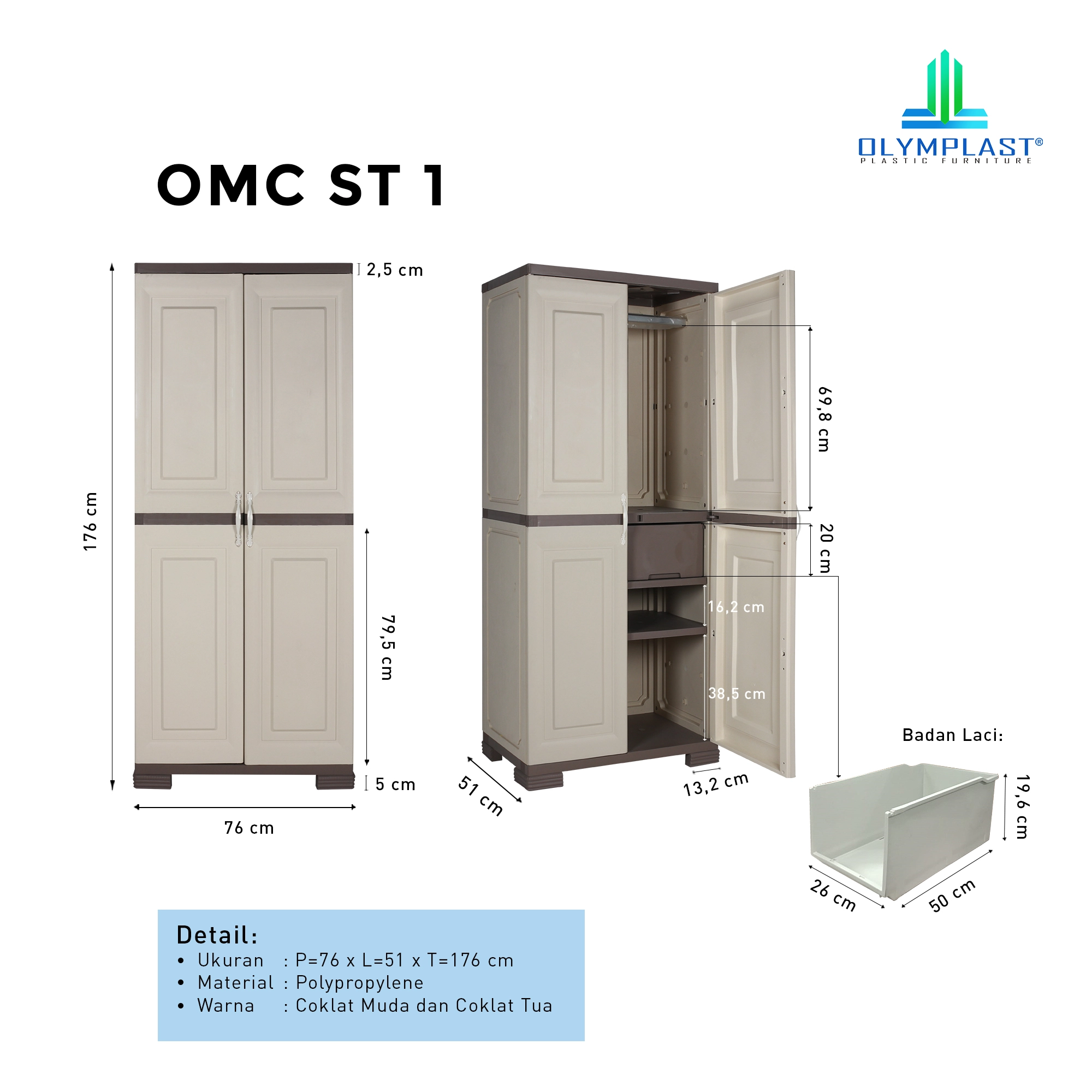 Lemari Pakaian Plastik Olymplast - OMC ST1 - Module Cabinet Minimalis 2 Pintu gallery 2