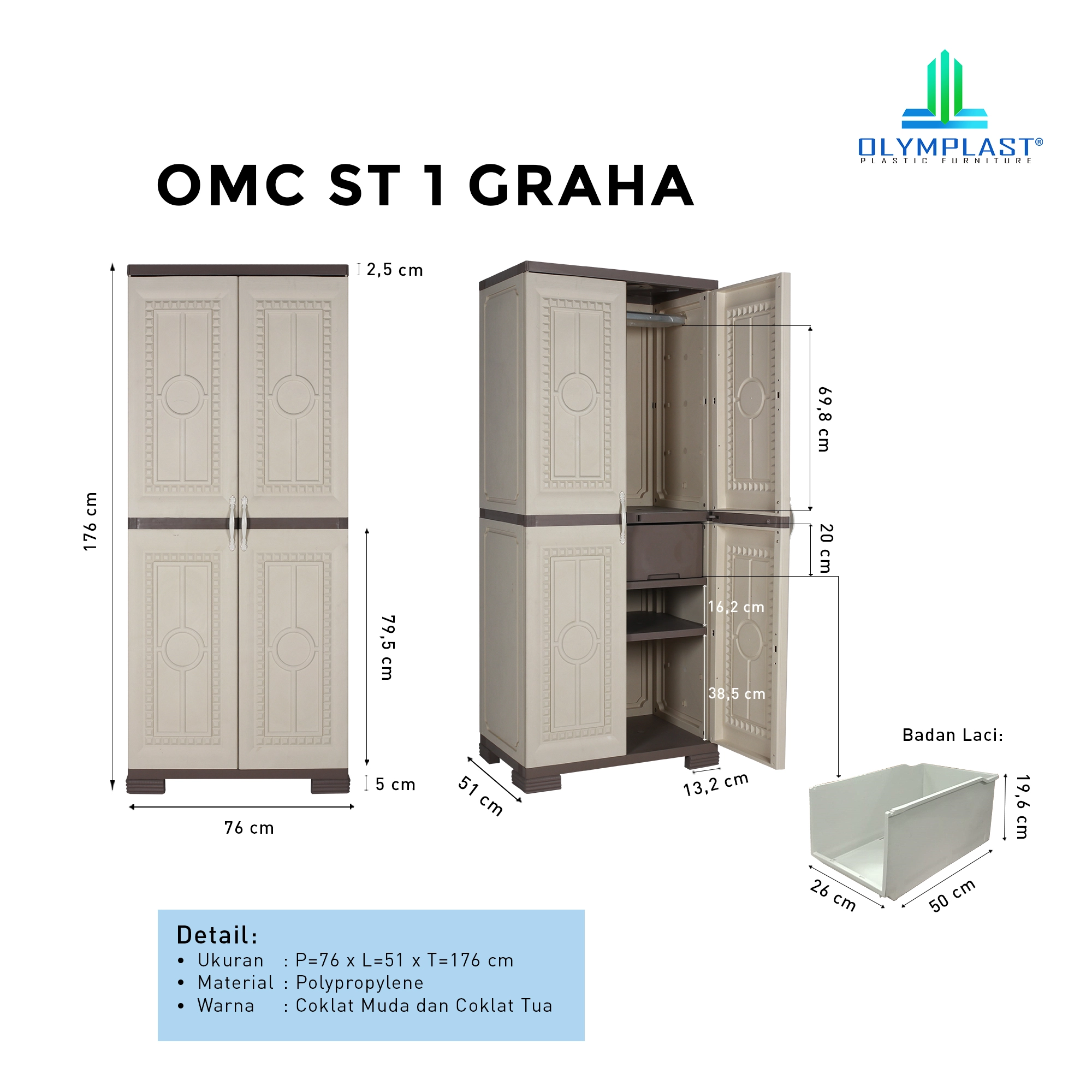 Lemari Pakaian Plastik Olymplast - OMC ST1 Graha - Module Cabinet 2 Pintu gallery 6