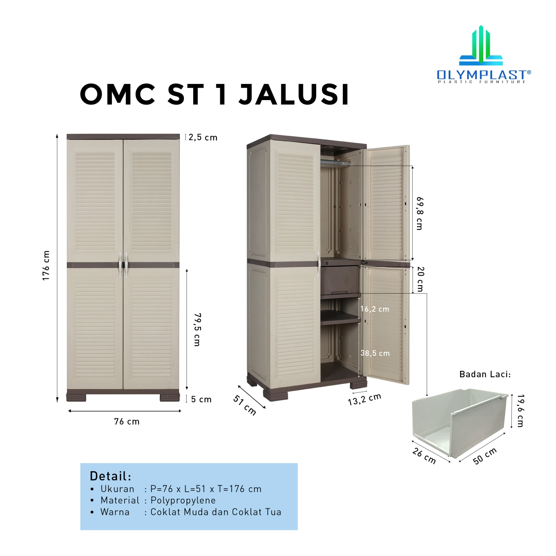 Lemari Pakaian Plastik Olymplast - OMC ST1 Jalusi - Module Cabinet 2 Pintu gallery 3