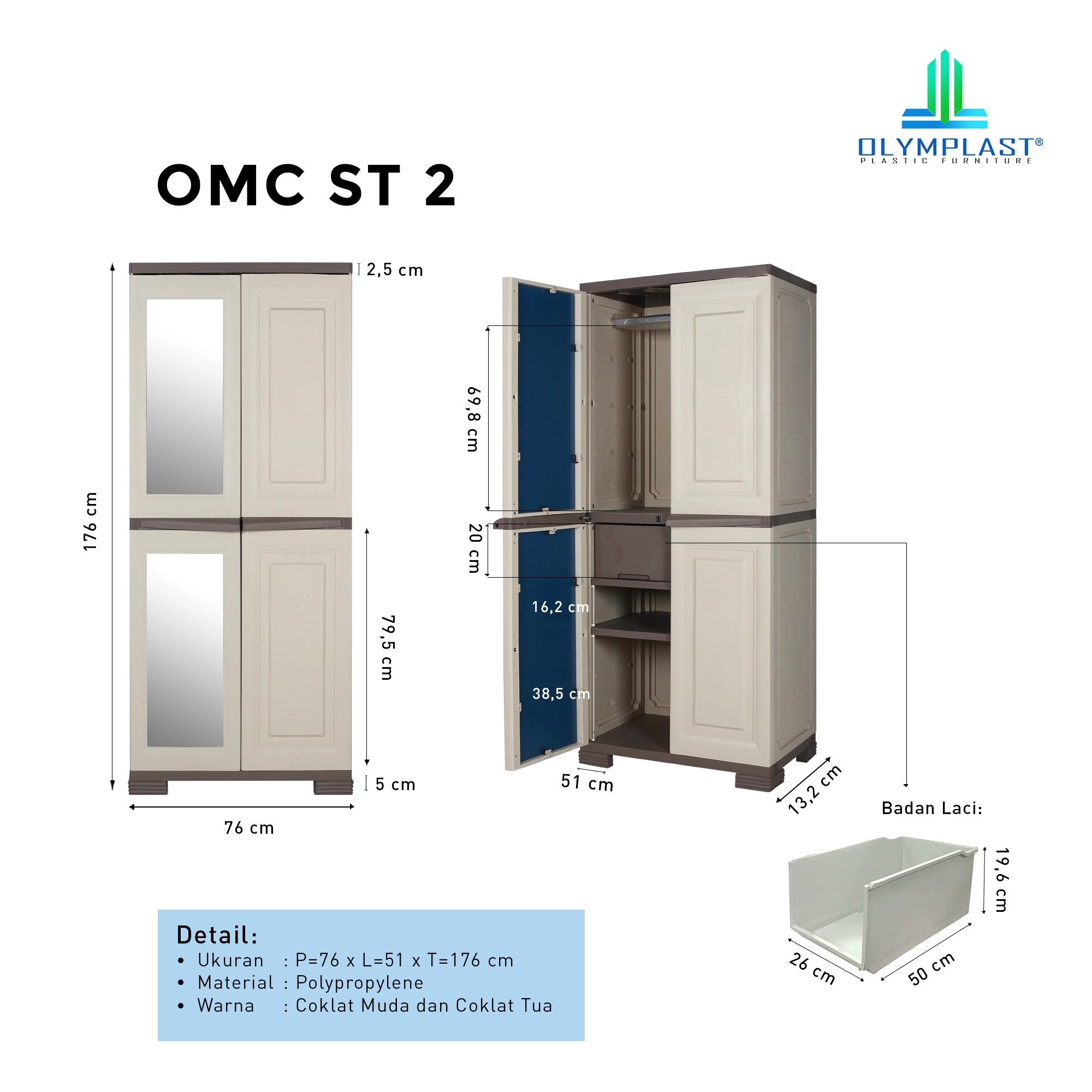 Lemari Pakaian Plastik Olymplast - OMC ST2 - Module Cabinet Minimalis 2 Pintu 1 Kaca gallery 3