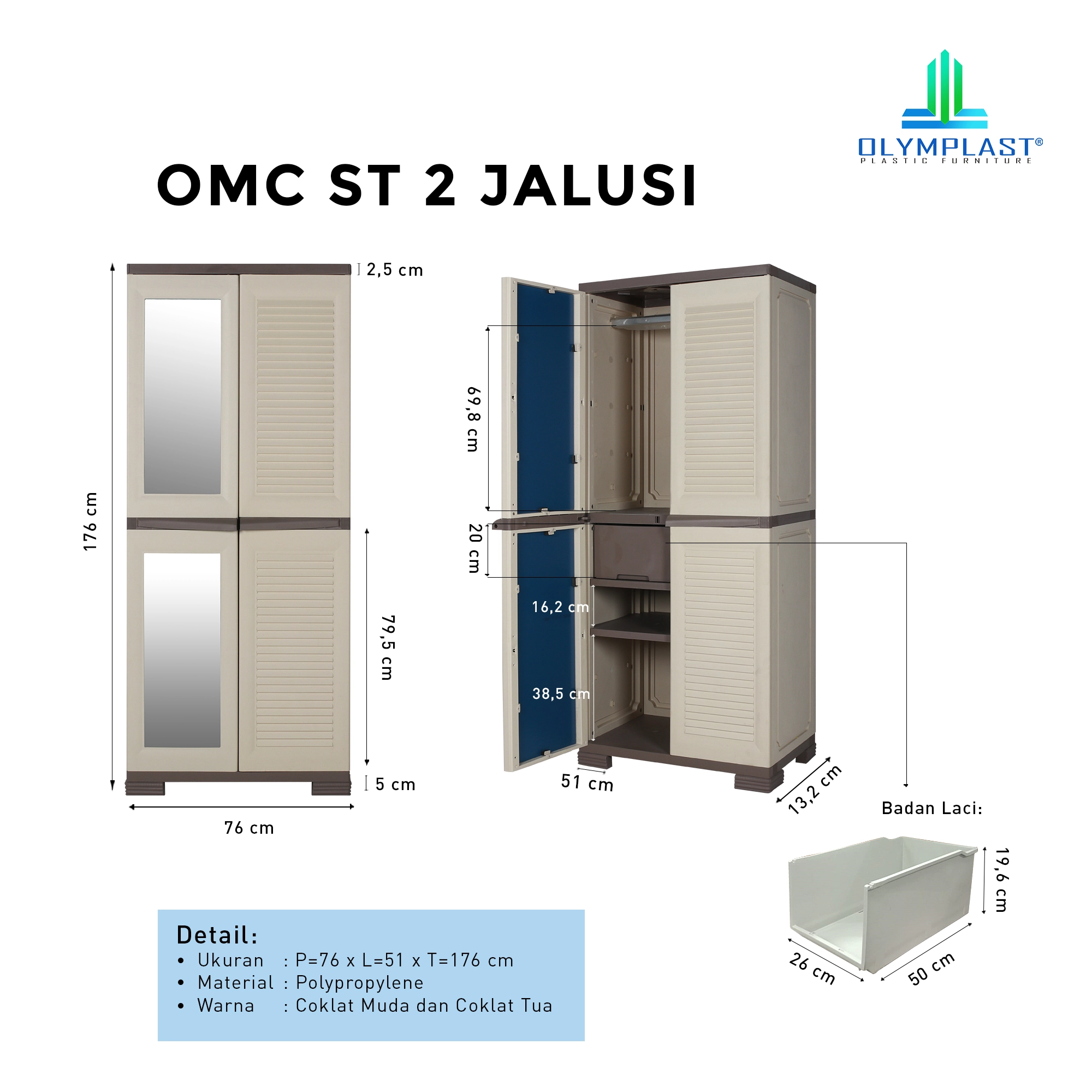 Lemari Pakaian Plastik Olymplast - OMC ST2 Jalusi - Module Cabinet 2 Pintu 1 Kaca gallery 2
