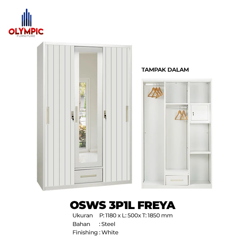 OSWS 3P1L FREYA - Lemari 3 Pintu 1 Laci Besi Pintu Sliding
