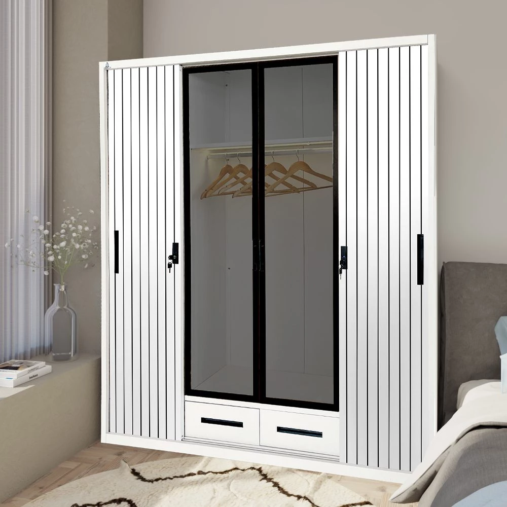 OSWS 4P2L TG FREYA - Lemari Sliding Pakaian Besi 4 Pintu 2 Laci