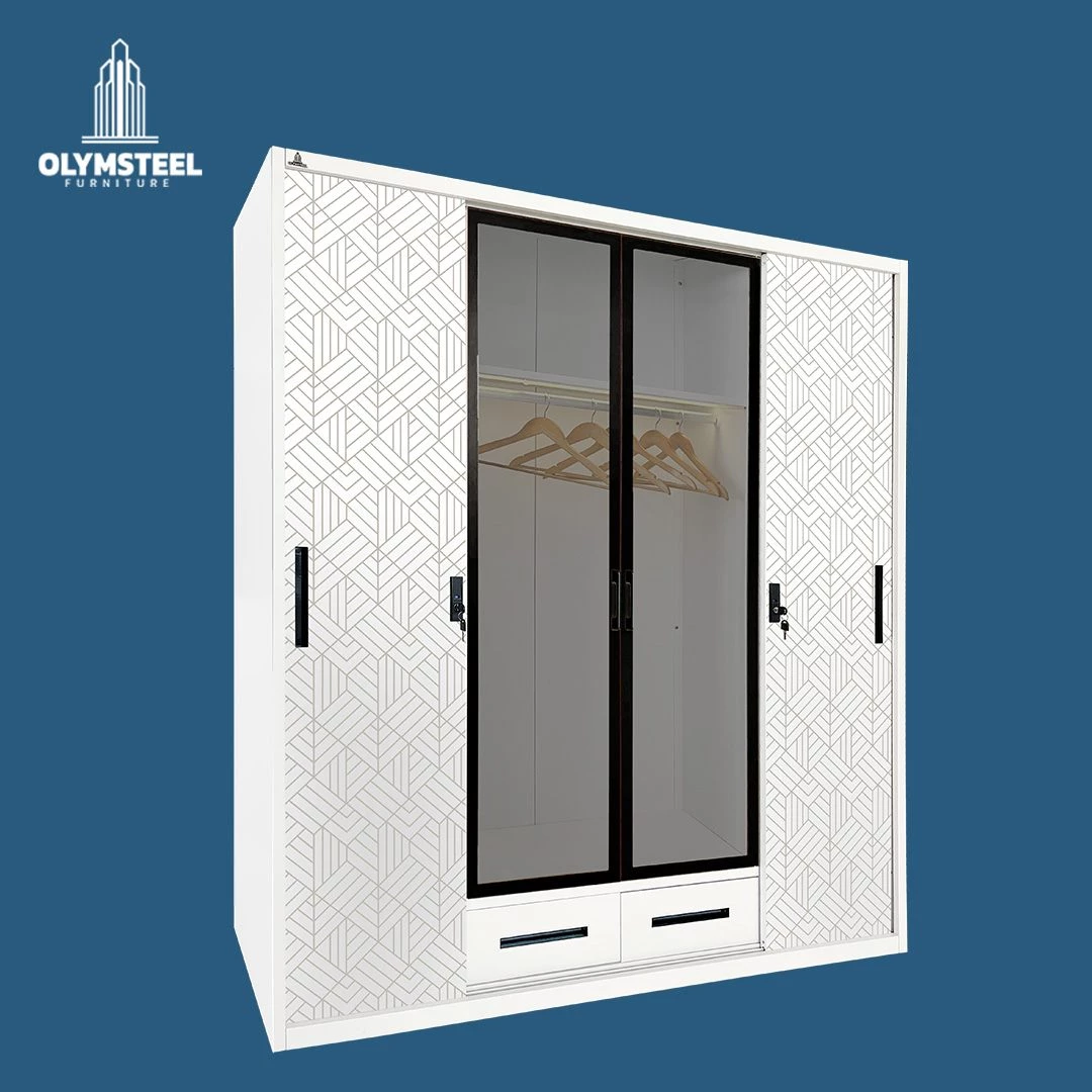 OSWS 4P2L TG LEAF - Lemari Sliding Pakaian Besi 4 Pintu 2 Laci