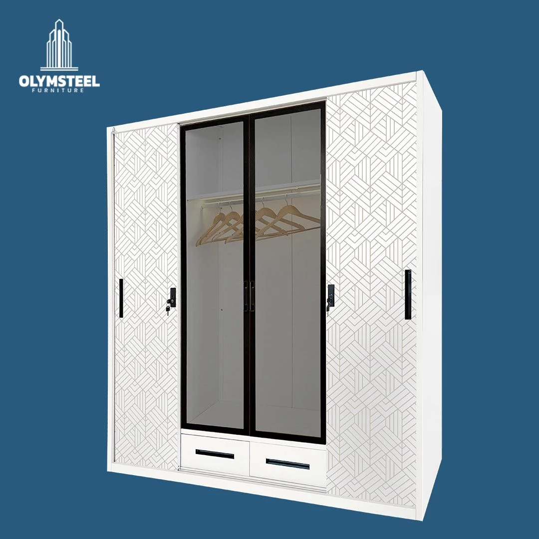 OSWS 4P2L TG LEAF - Lemari Sliding Pakaian Besi 4 Pintu 2 Laci